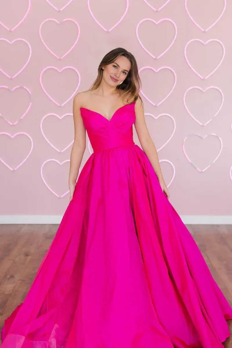 A-Line Strapless Sleeveless Satin Fuchsia Floor Length Prom Dress Custom