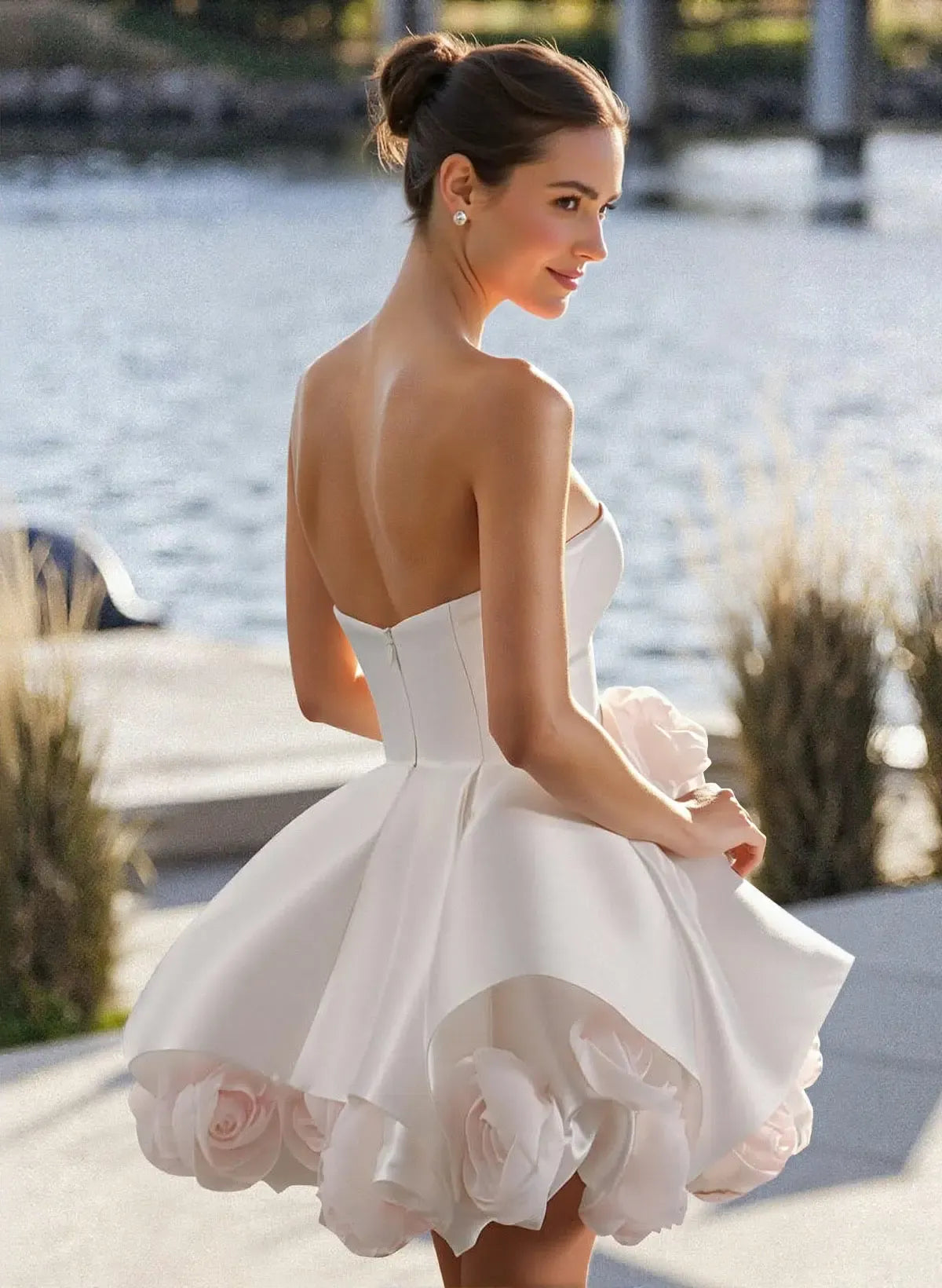 A-Line Strapless Strapless 3D-Flower Satin White Short Homecoming Dress Custom