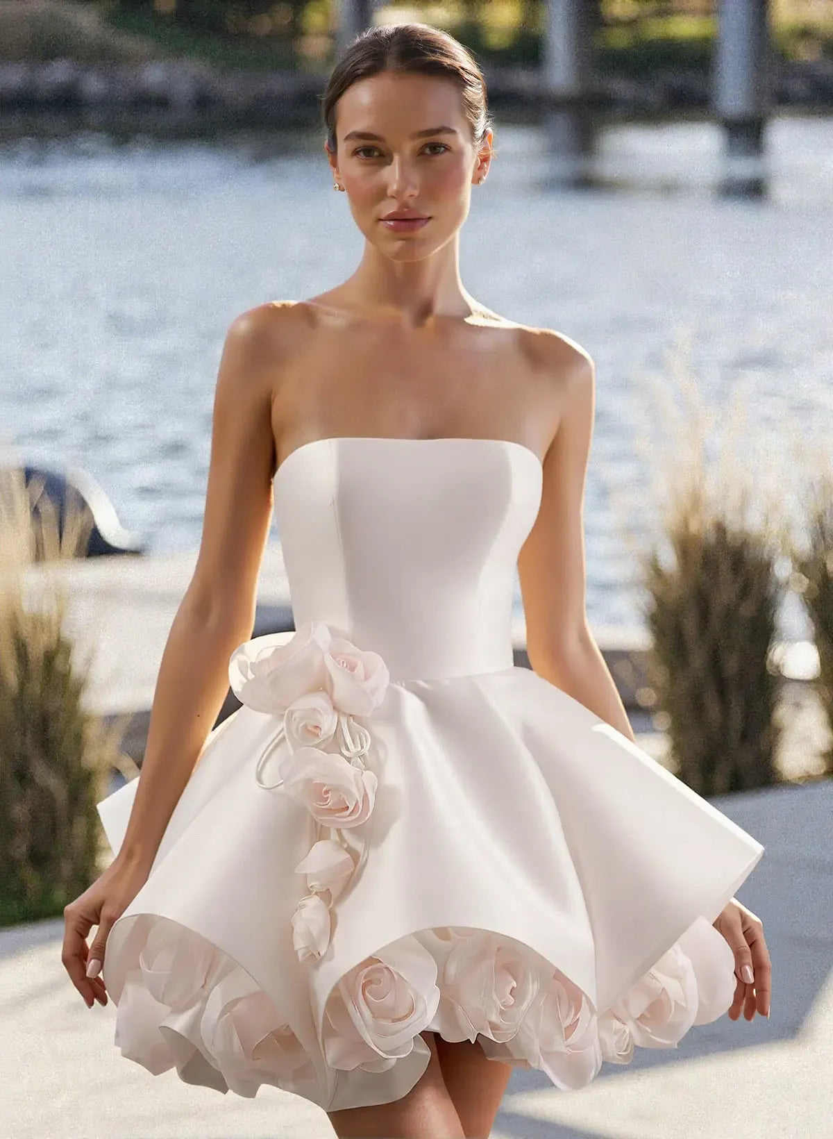 A-Line Strapless Strapless 3D-Flower Satin White Short Homecoming Dress Custom