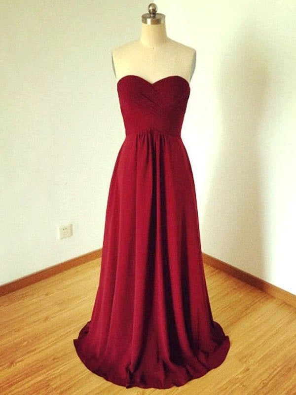 A-Line Strapless Sweetheart Sleeveless Floor-Length Red Chiffon Pleated Bridesmaid Dresses