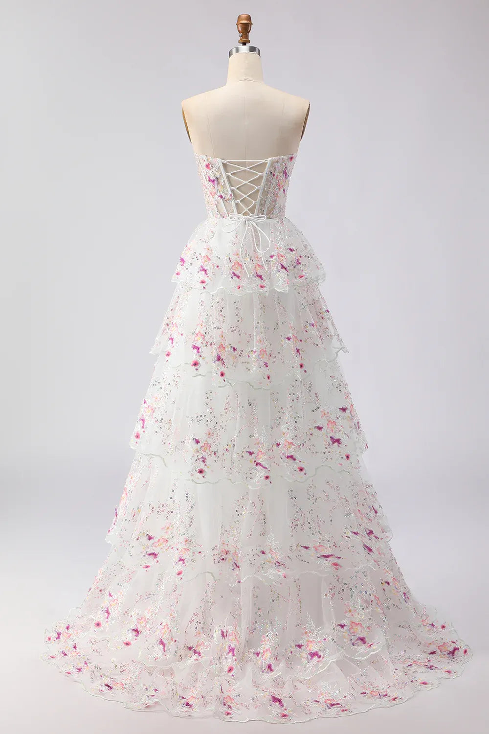 A-Line Strapless Tiered Ruffles Floral Sequin White Maxi Prom Dress Hot Sale