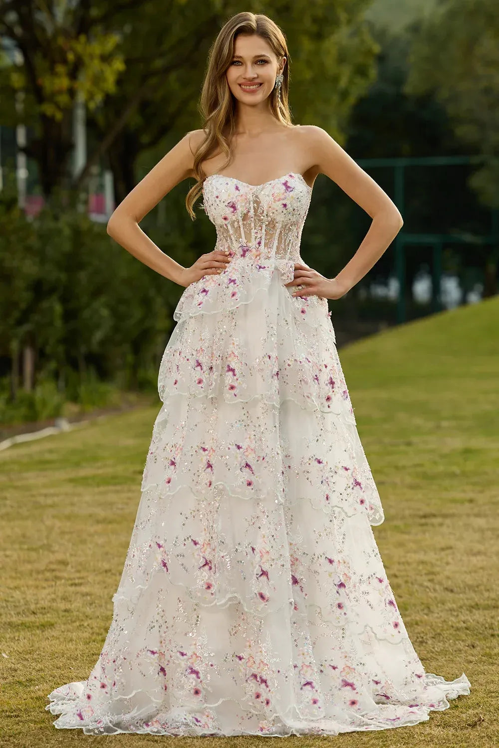 A-Line Strapless Tiered Ruffles Floral Sequin White Maxi Prom Dress Hot Sale