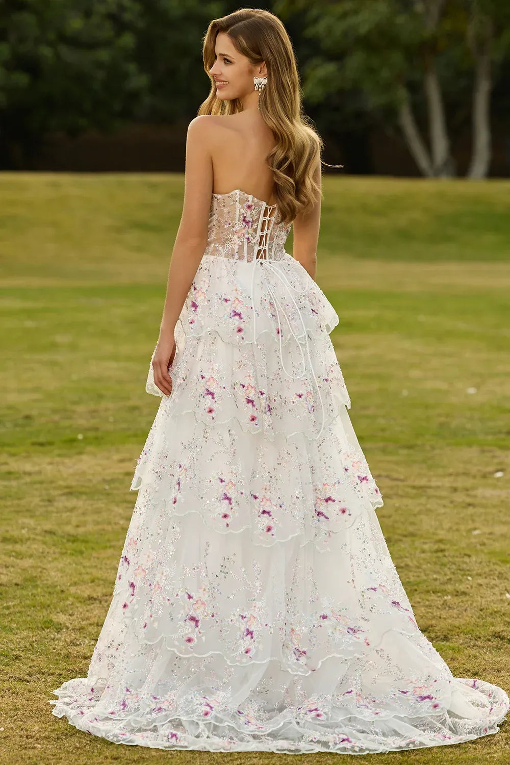 A-Line Strapless Tiered Ruffles Floral Sequin White Maxi Prom Dress Hot Sale