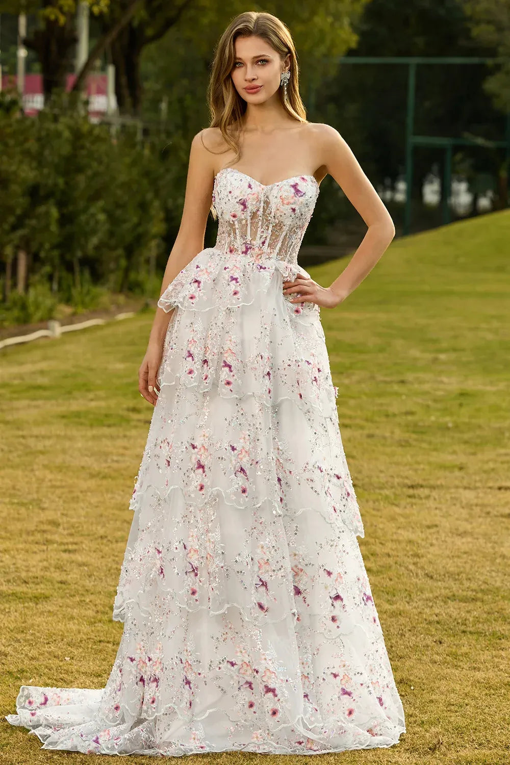 A-Line Strapless Tiered Ruffles Floral Sequin White Maxi Prom Dress Hot Sale