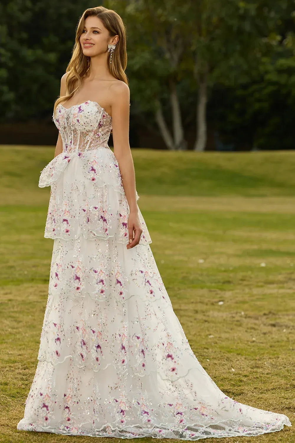 A-Line Strapless Tiered Ruffles Floral Sequin White Maxi Prom Dress Hot Sale