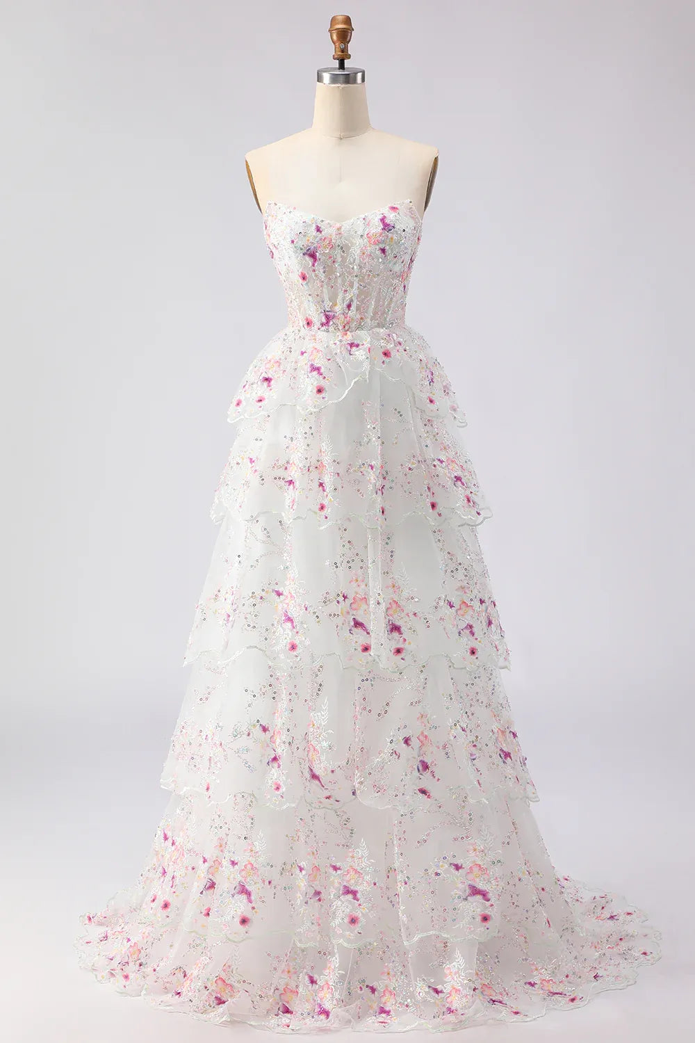 A-Line Strapless Tiered Ruffles Floral Sequin White Maxi Prom Dress Hot Sale