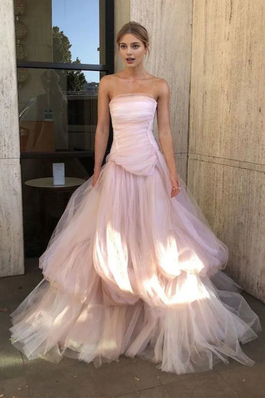A-Line Strapless Tiered Tulle Pink Floor Length Prom Dress With Bubble Hem