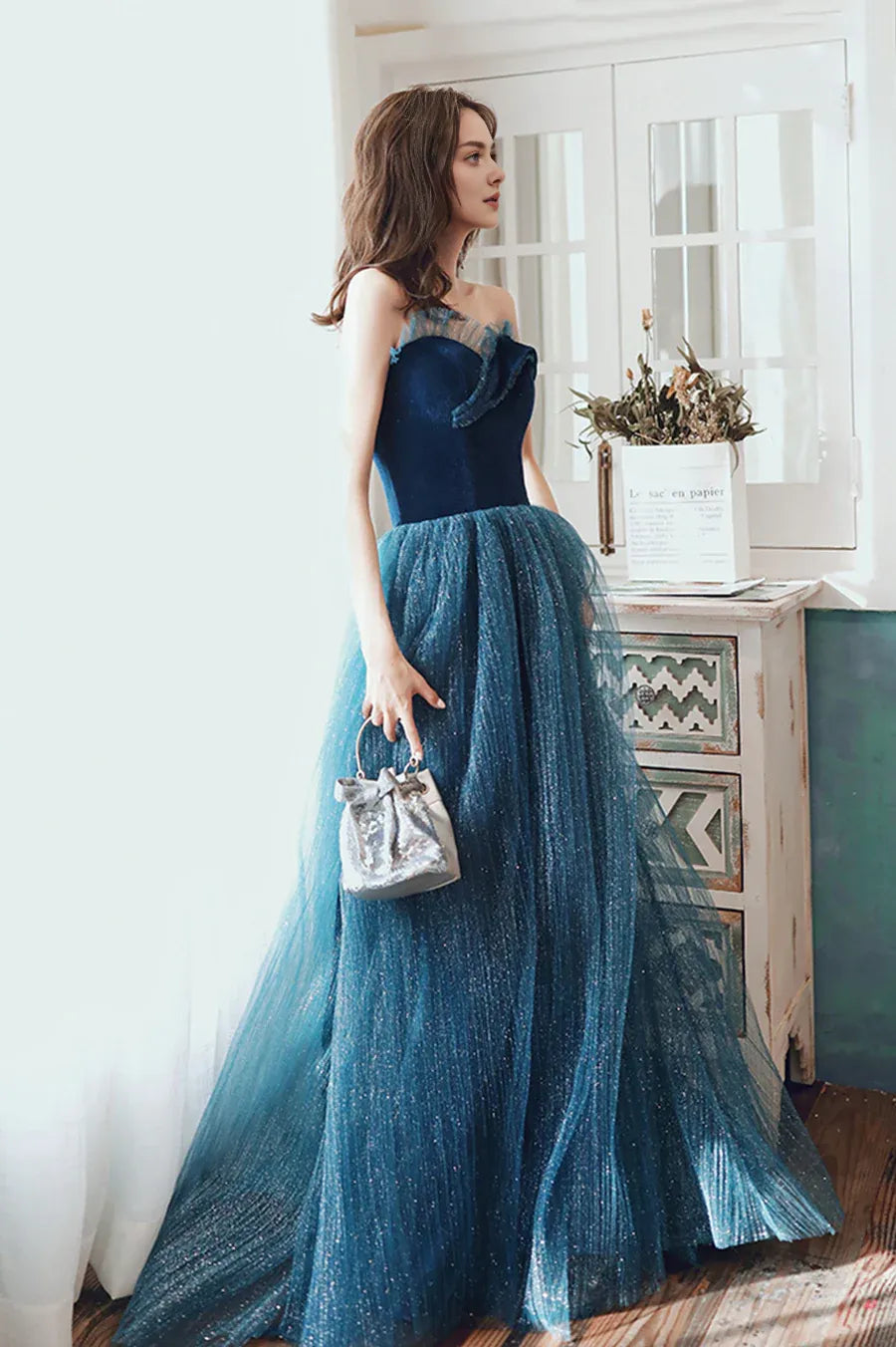 A-Line Strapless Velvet Tulle Blue Long Formal Evening Dresses Graduation Dresses