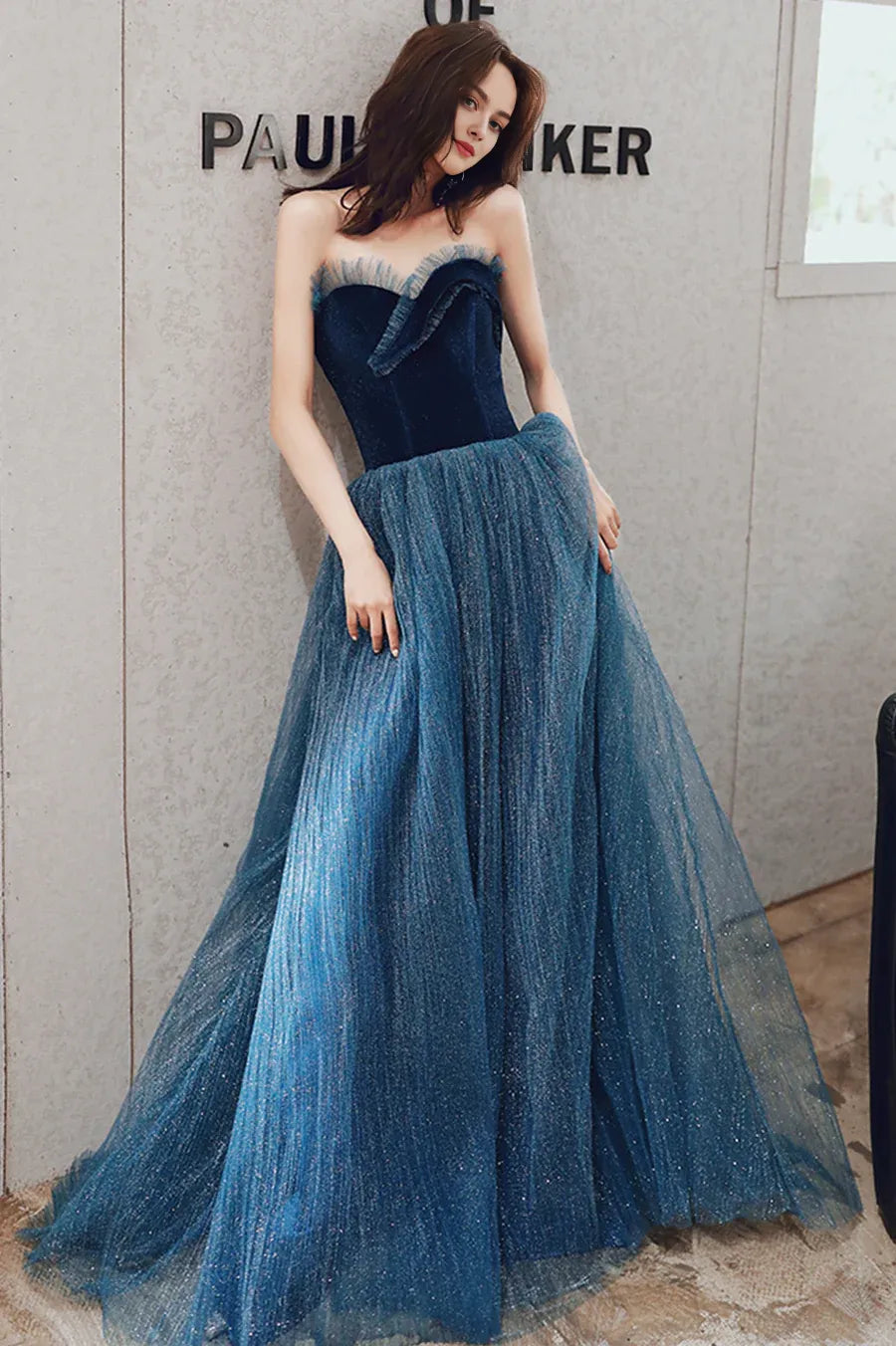 A-Line Strapless Velvet Tulle Blue Long Formal Evening Dresses Graduation Dresses