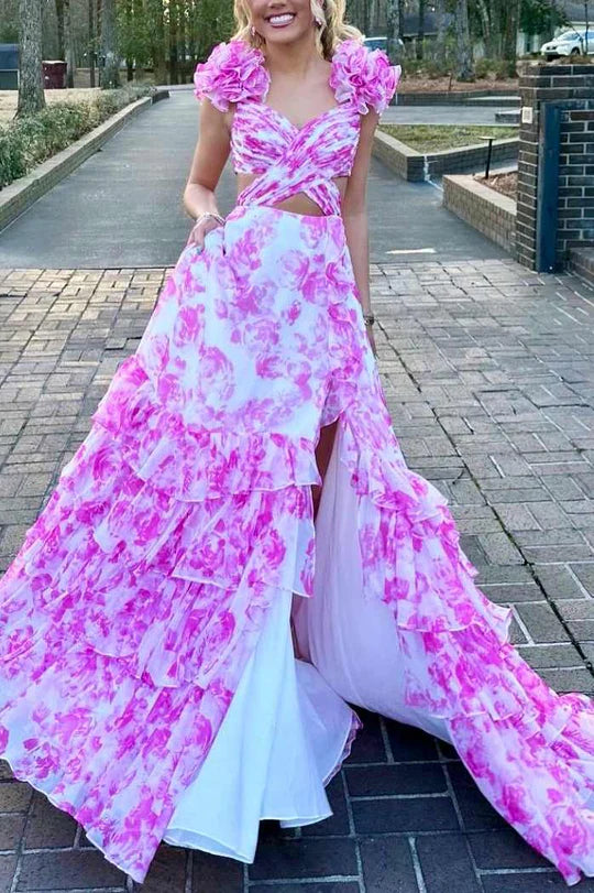 A-Line Straps Print V-Neck Empire-Waist Ruffles Prom Dress with Slit