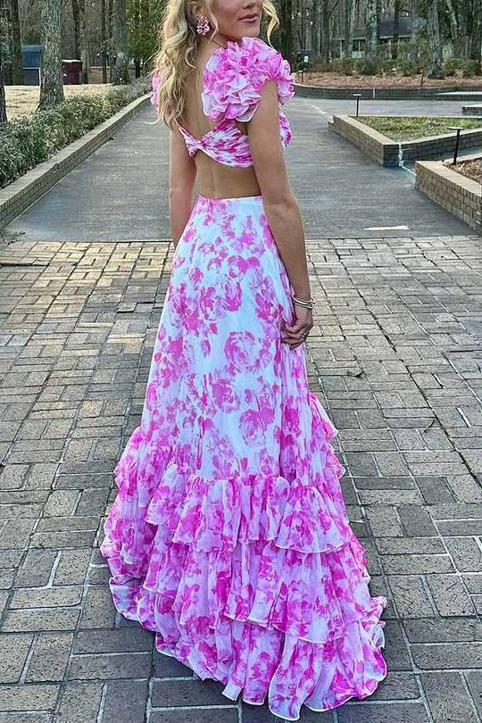 A-Line Straps Print V-Neck Empire-Waist Ruffles Prom Dress with Slit