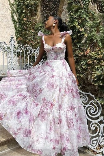 A-Line Straps Sweetheart Empire-Waist Print Long Prom Dress