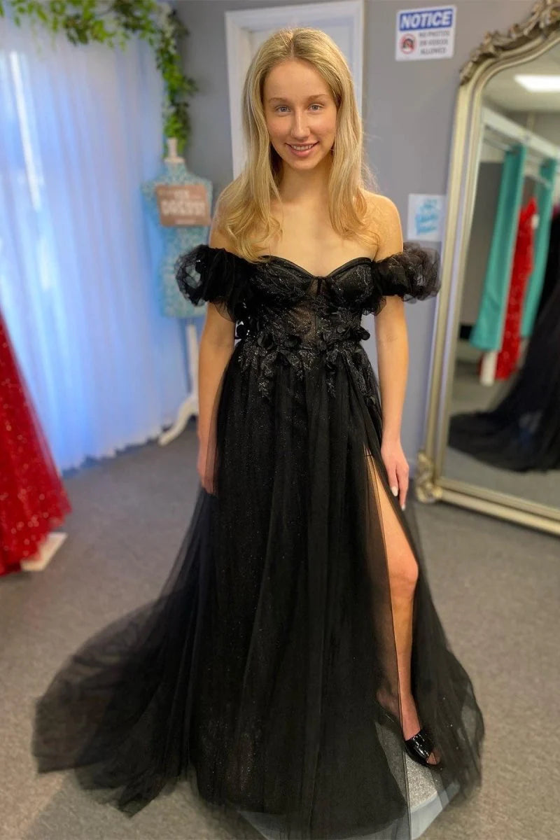 A-Line Sweetheart 3D Floral Lace Tulle Dark Green Prom Dress With Slit