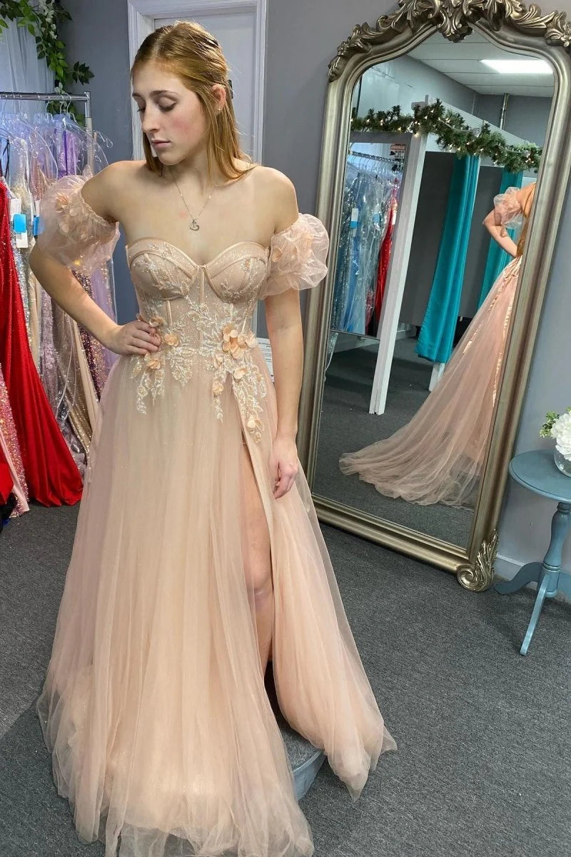 A-Line Sweetheart 3D Floral Lace Tulle Dark Green Prom Dress With Slit