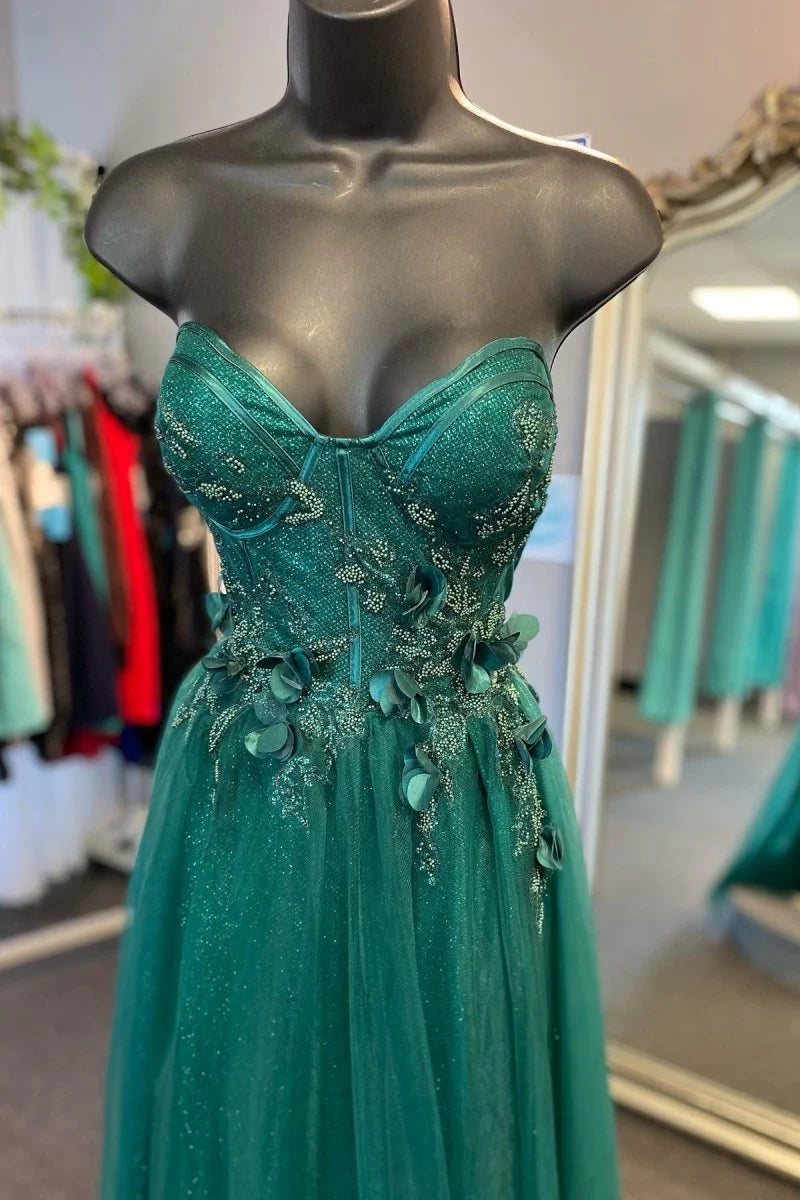 A-Line Sweetheart 3D Floral Lace Tulle Dark Green Prom Dress With Slit
