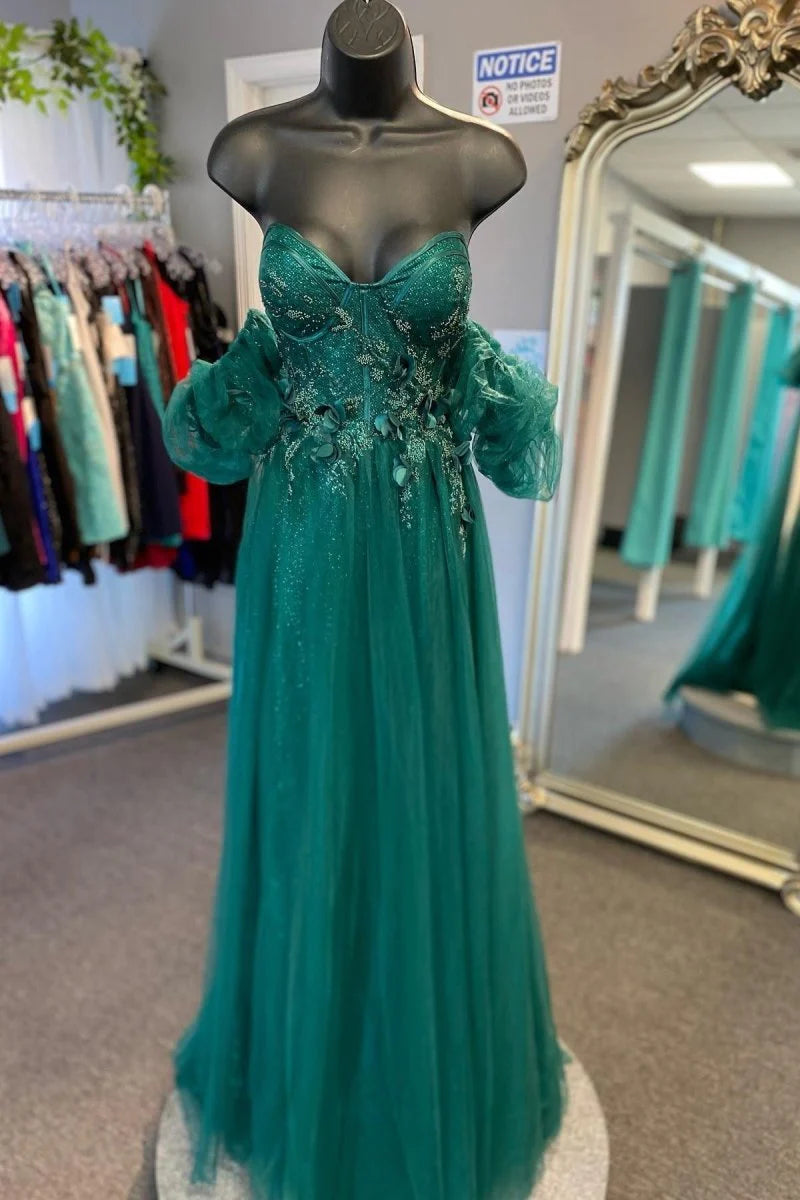 A-Line Sweetheart 3D Floral Lace Tulle Dark Green Prom Dress With Slit