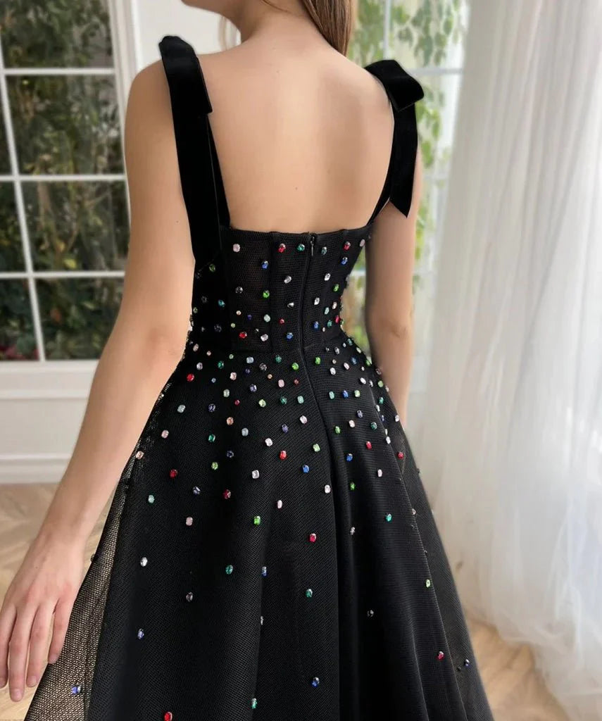 A-Line Sweetheart Beaded Tulle Black Floor Length Prom Dress With High Slit