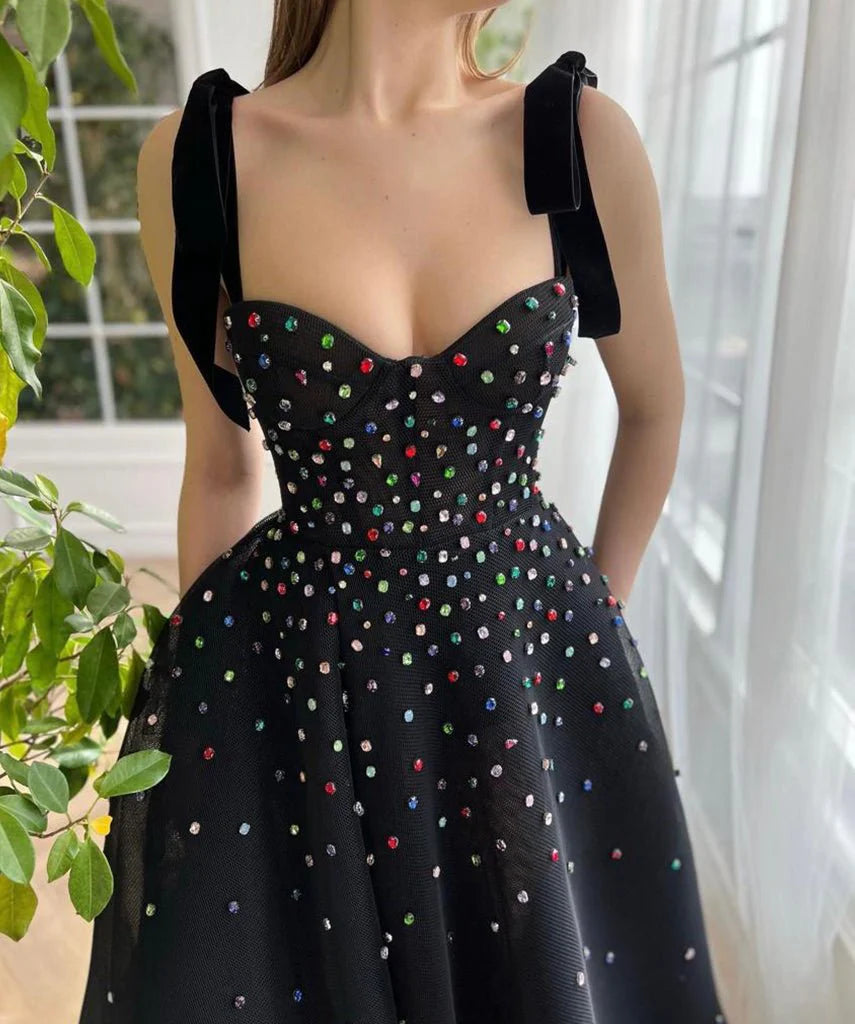 A-Line Sweetheart Beaded Tulle Black Floor Length Prom Dress With High Slit