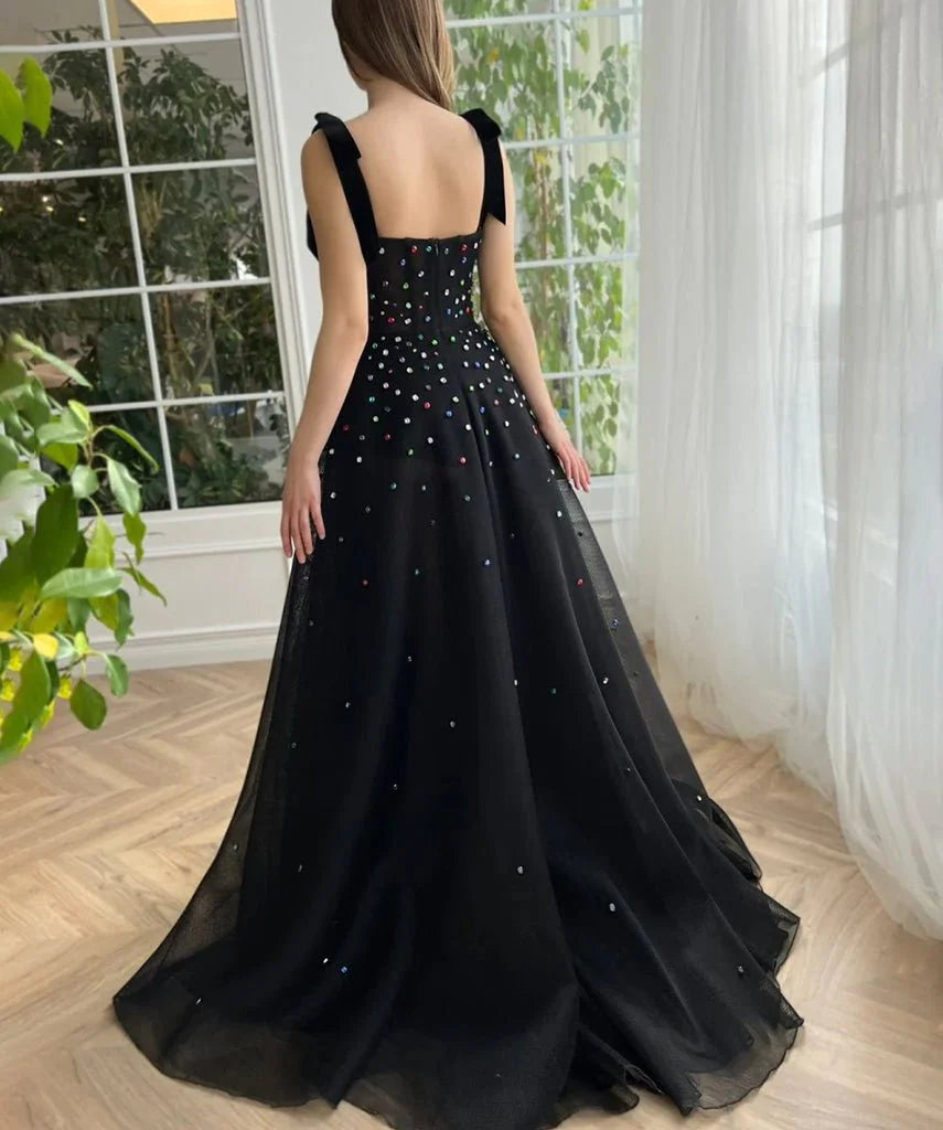 A-Line Sweetheart Beaded Tulle Black Floor Length Prom Dress With High Slit