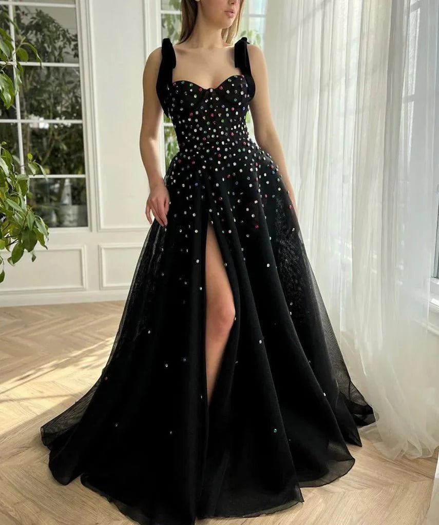 A-Line Sweetheart Beaded Tulle Black Floor Length Prom Dress With High Slit