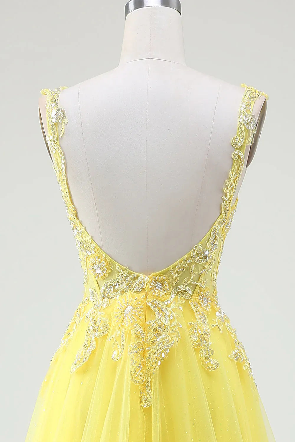 A-Line Sweetheart Corset Beaded Applique Tulle Yellow Maxi Prom Dress