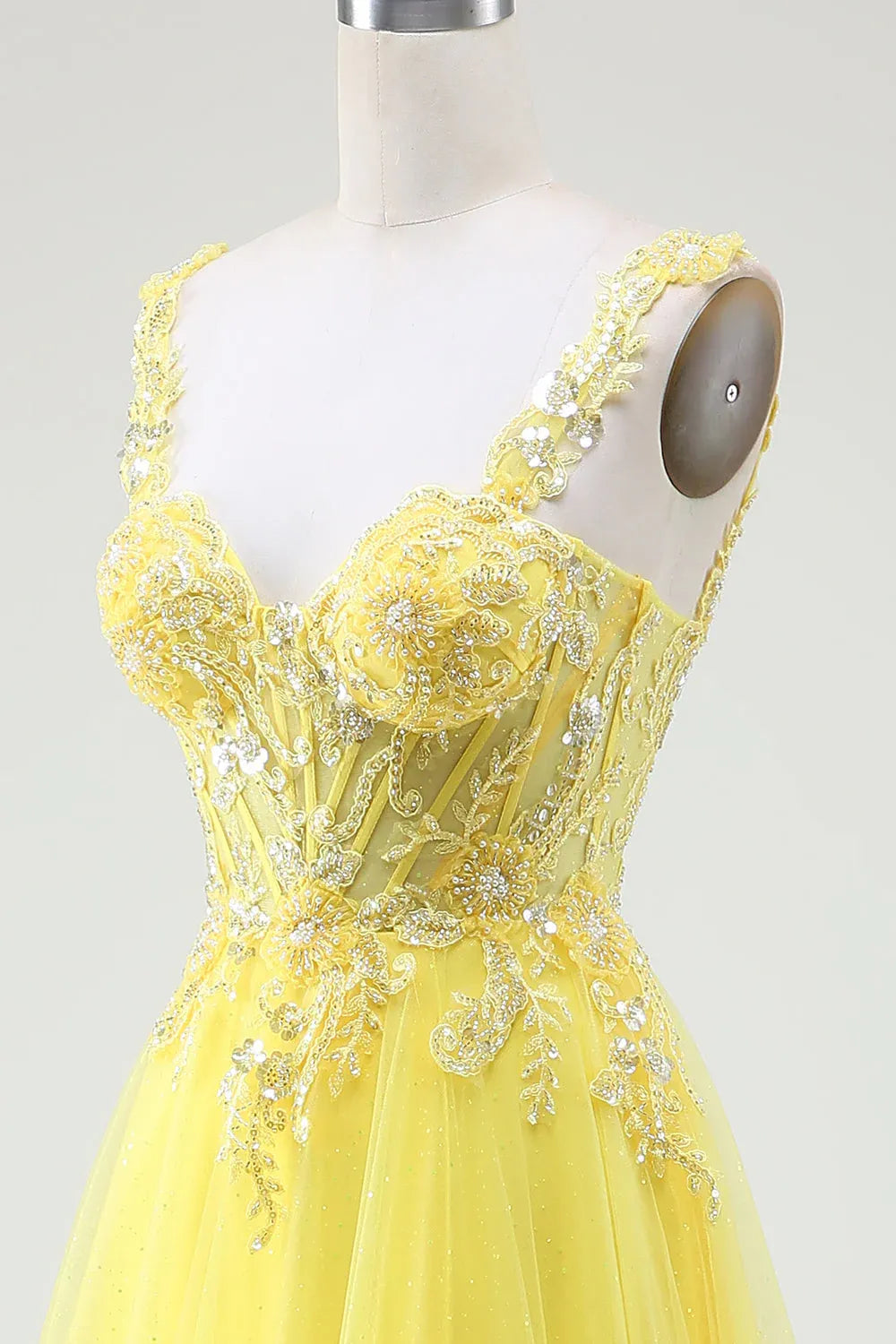A-Line Sweetheart Corset Beaded Applique Tulle Yellow Maxi Prom Dress