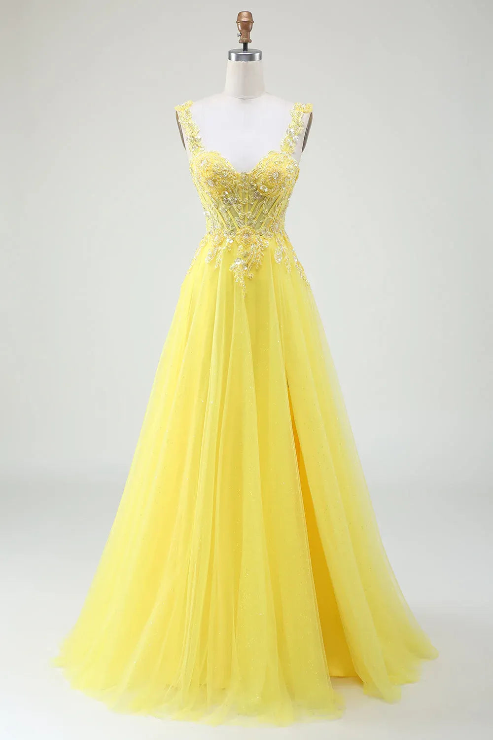 A-Line Sweetheart Corset Beaded Applique Tulle Yellow Maxi Prom Dress