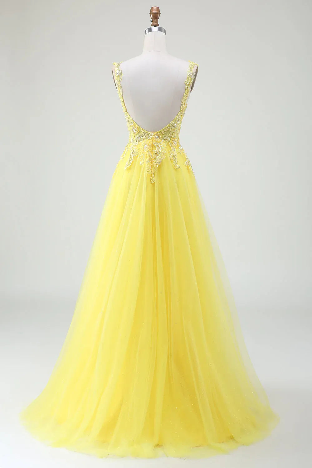 A-Line Sweetheart Corset Beaded Applique Tulle Yellow Maxi Prom Dress