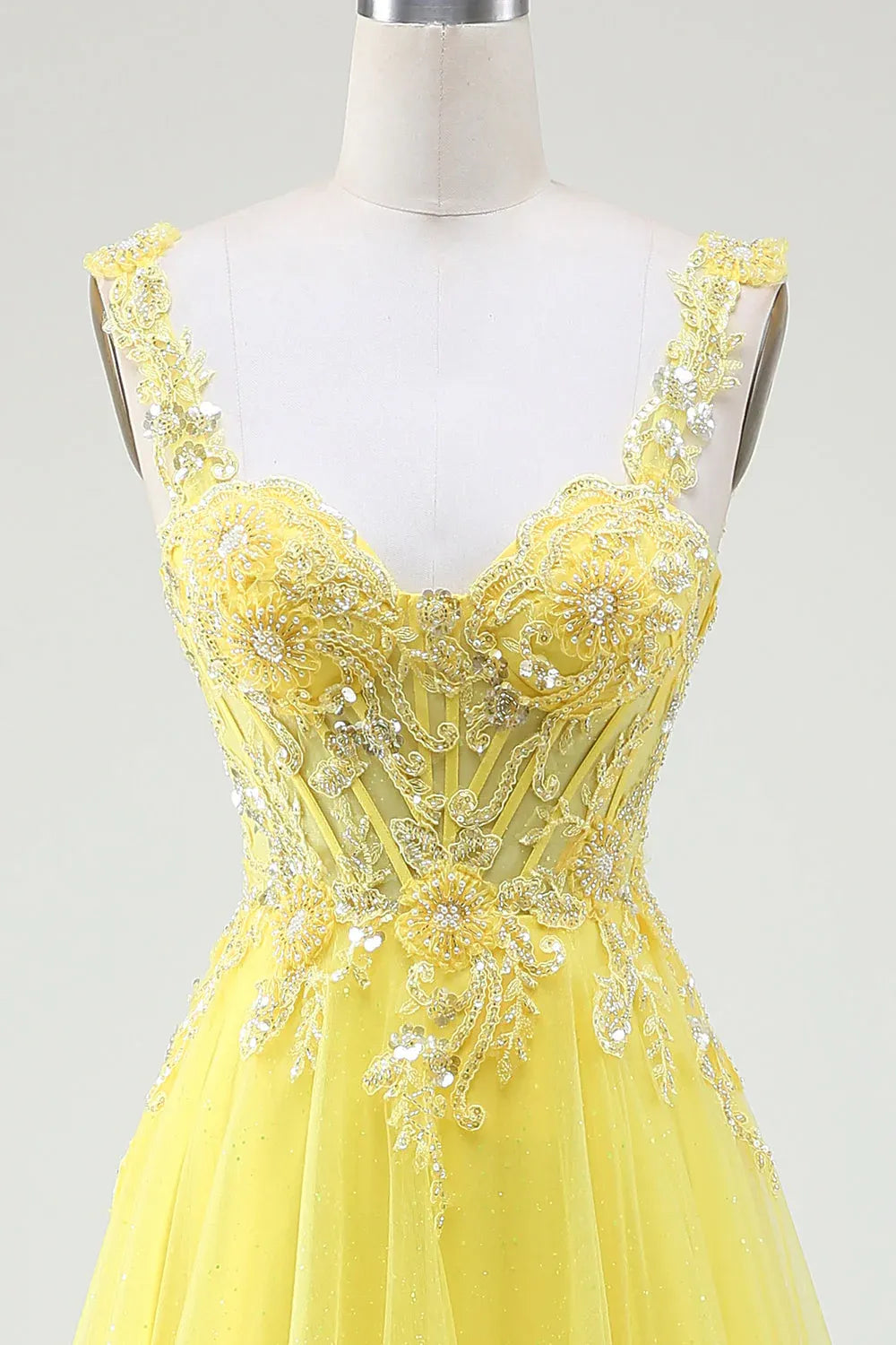 A-Line Sweetheart Corset Beaded Applique Tulle Yellow Maxi Prom Dress