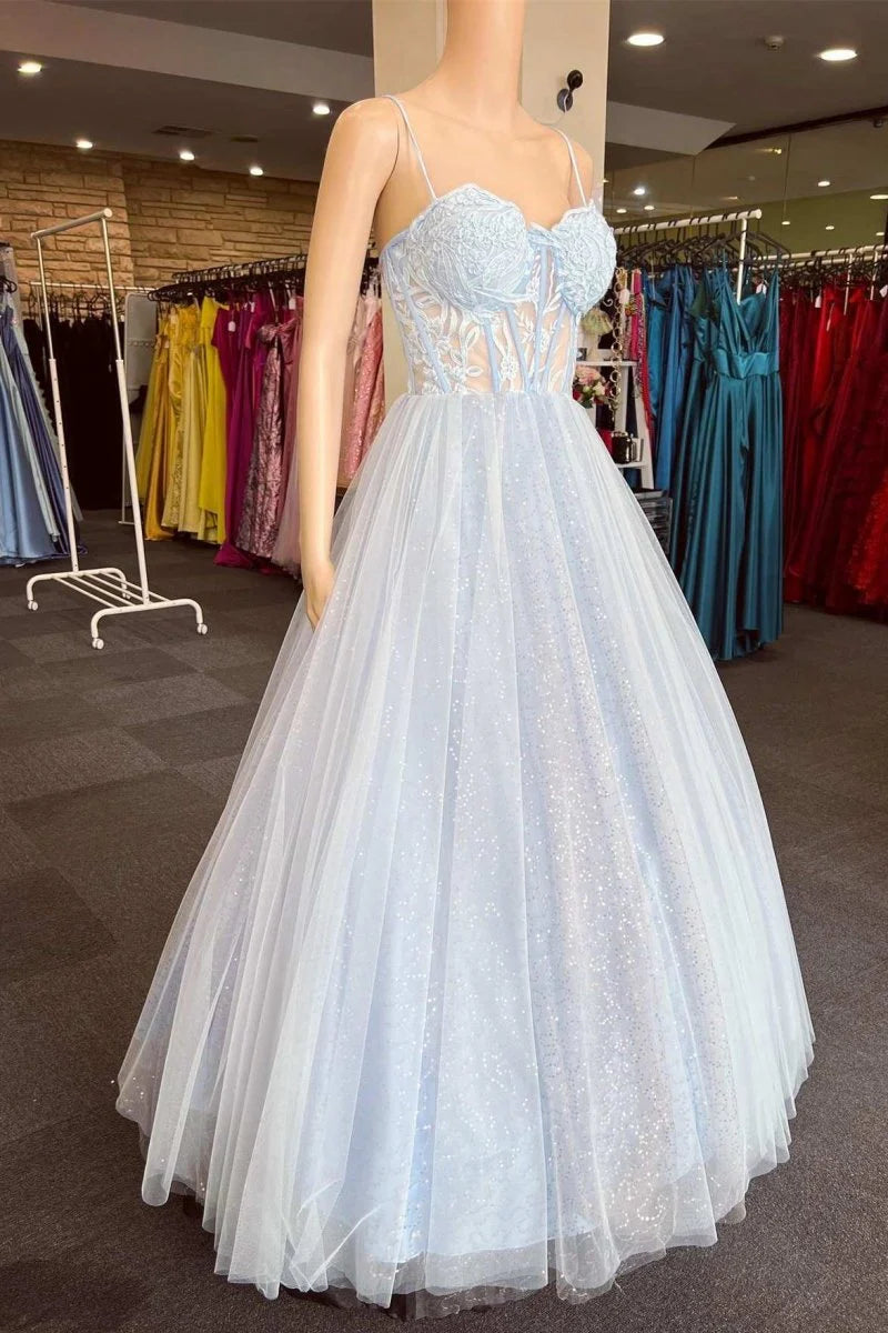 A-Line Sweetheart Corset Lace Applique Tulle Light Blue Prom Dress