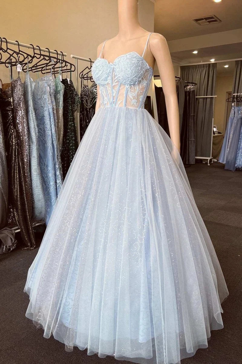 A-Line Sweetheart Corset Lace Applique Tulle Light Blue Prom Dress