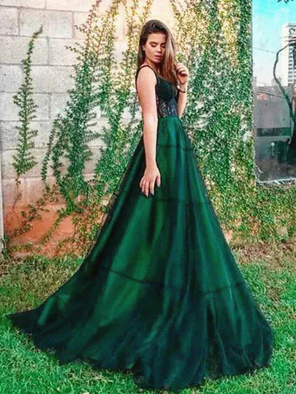 A-Line Sweetheart Corset Lace Appliques Tulle Emerald Green Floor-Length Prom Dress
