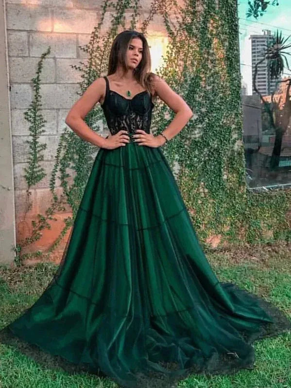A-Line Sweetheart Corset Lace Appliques Tulle Emerald Green Floor-Length Prom Dress