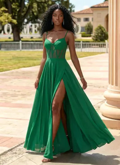 A-Line Sweetheart Corset Sheer Lace-Up Green Floor-Length Prom Dress With Slit