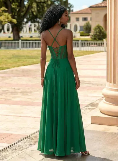 A-Line Sweetheart Corset Sheer Lace-Up Green Floor-Length Prom Dress With Slit