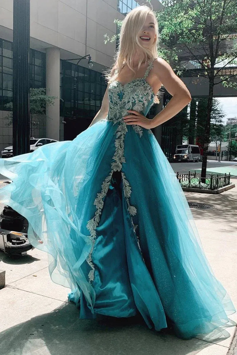 A-Line Sweetheart Floral Appliques Tulle Turquoise Floor Length Prom Dress