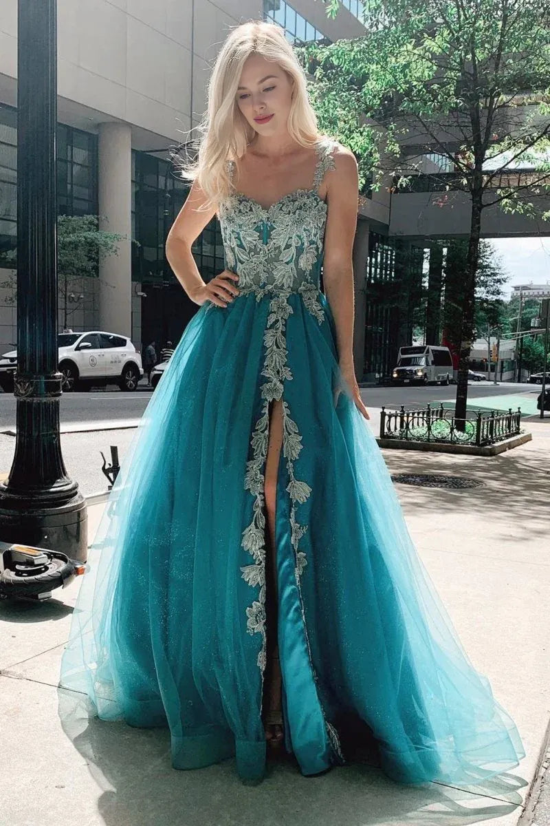 A-Line Sweetheart Floral Appliques Tulle Turquoise Floor Length Prom Dress