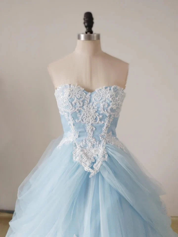 A-Line Sweetheart Neck Applique Lace Tulle Blue Long Prom Dress