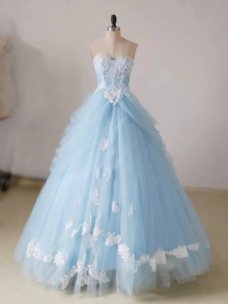 A-Line Sweetheart Neck Applique Lace Tulle Blue Long Prom Dress