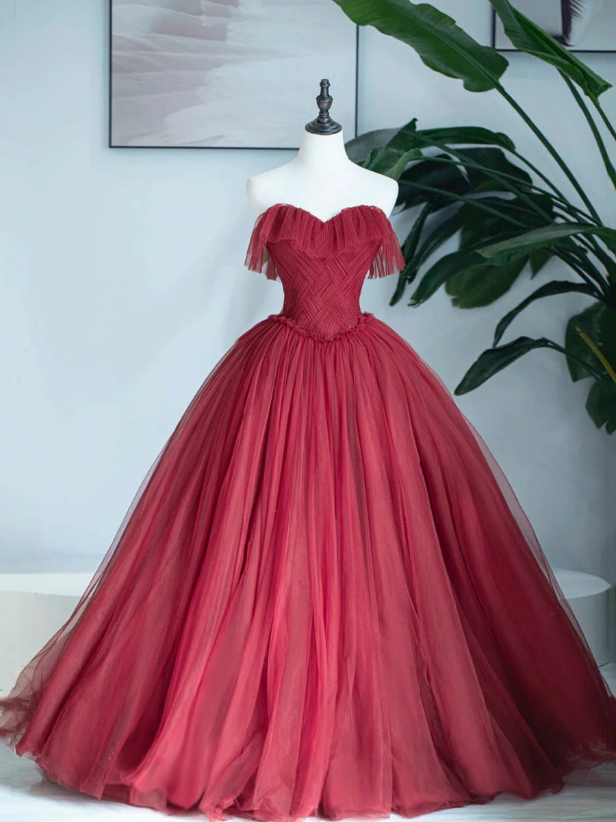 A-Line Sweetheart Neck Beaded Strapless Tulle Burgundy Long Formal Dress