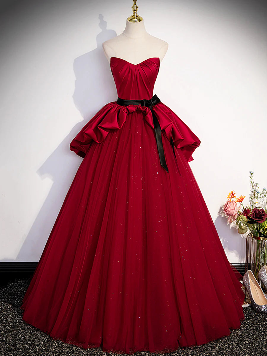 A-Line Sweetheart Neck Pleated Satin Tulle Burgundy Floor Length Prom Dress With Bubble Hem