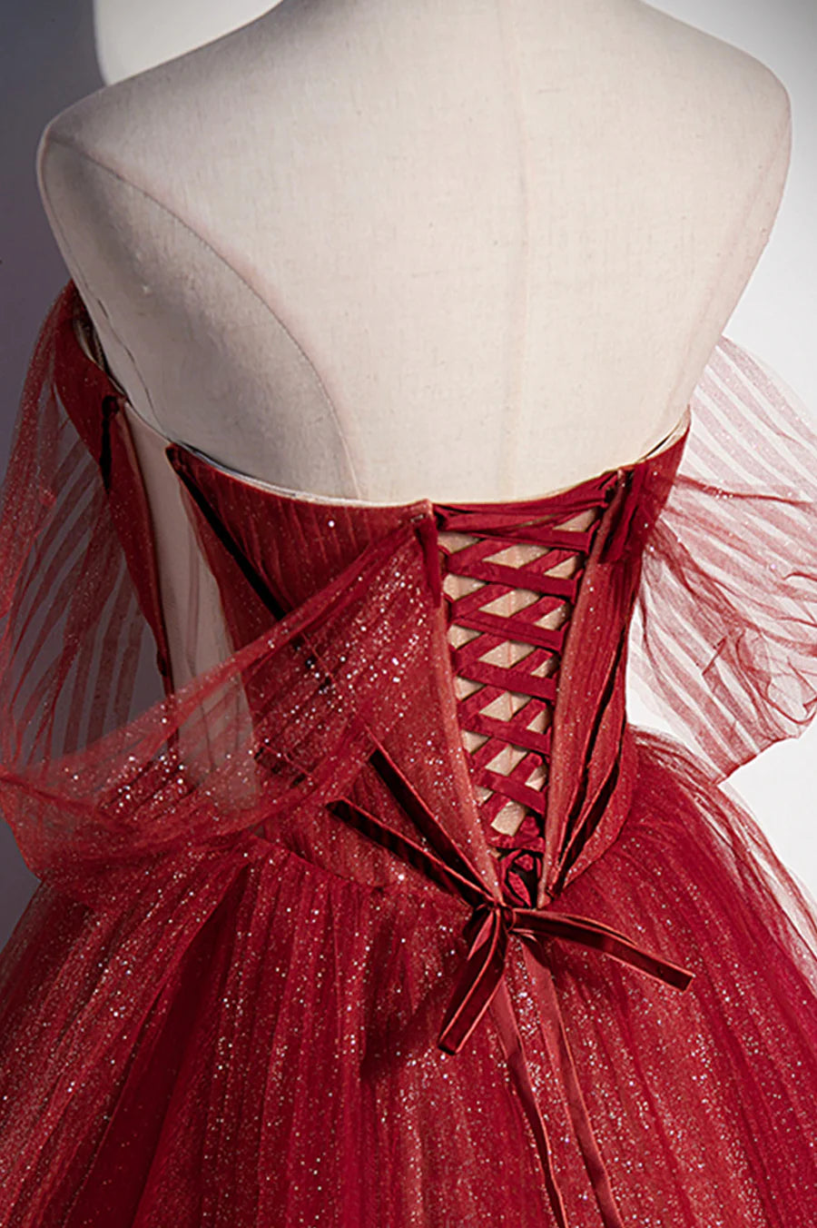 A-Line Sweetheart Neck Tiered Tulle Burgundy Long Prom Dress Evening Dress