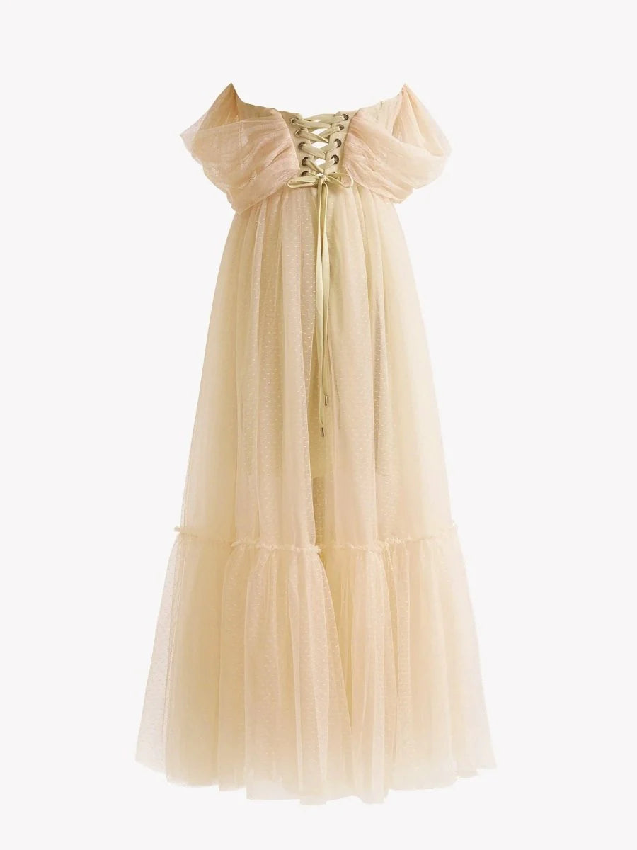 A-Line Sweetheart Off-the-shoulder Corset Tulle Champagne Tea-Length Prom Dress