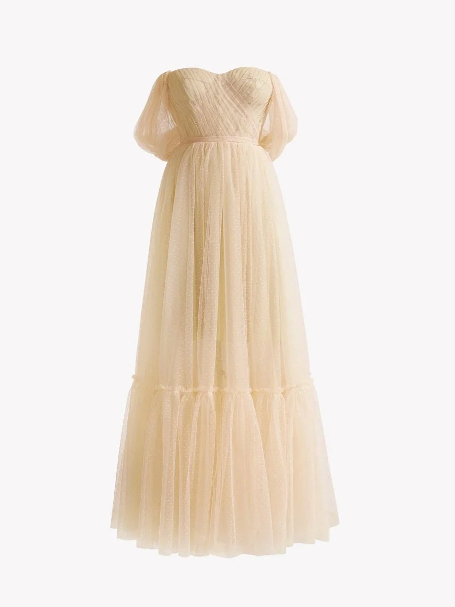 A-Line Sweetheart Off-the-shoulder Corset Tulle Champagne Tea-Length Prom Dress