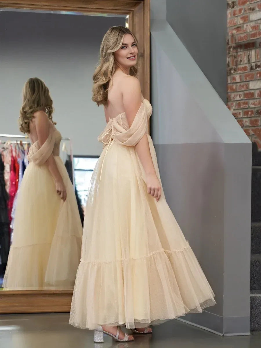 A-Line Sweetheart Off-the-shoulder Corset Tulle Champagne Tea-Length Prom Dress