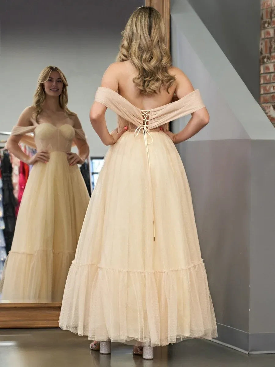 A-Line Sweetheart Off-the-shoulder Corset Tulle Champagne Tea-Length Prom Dress