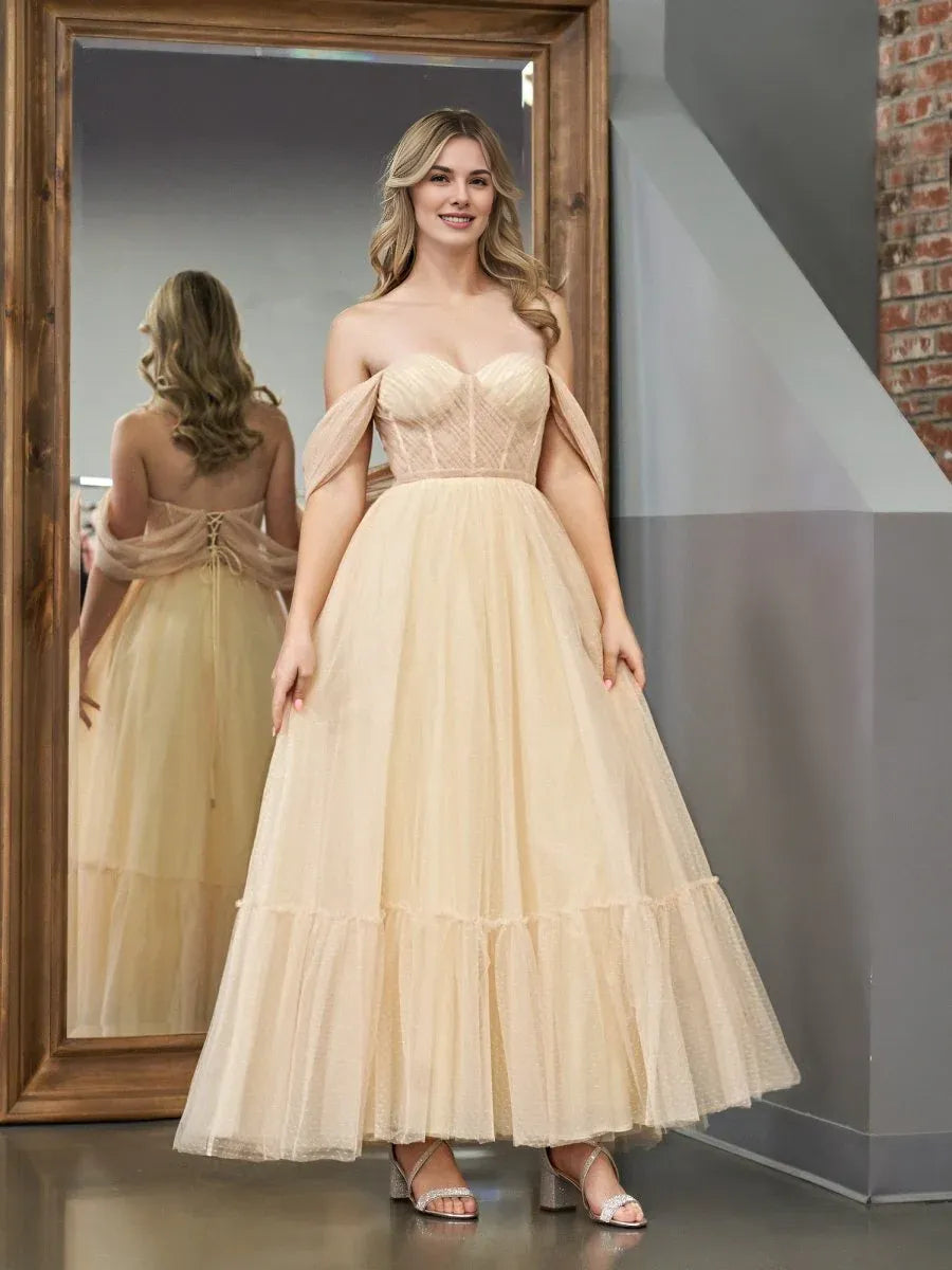A-Line Sweetheart Off-the-shoulder Corset Tulle Champagne Tea-Length Prom Dress