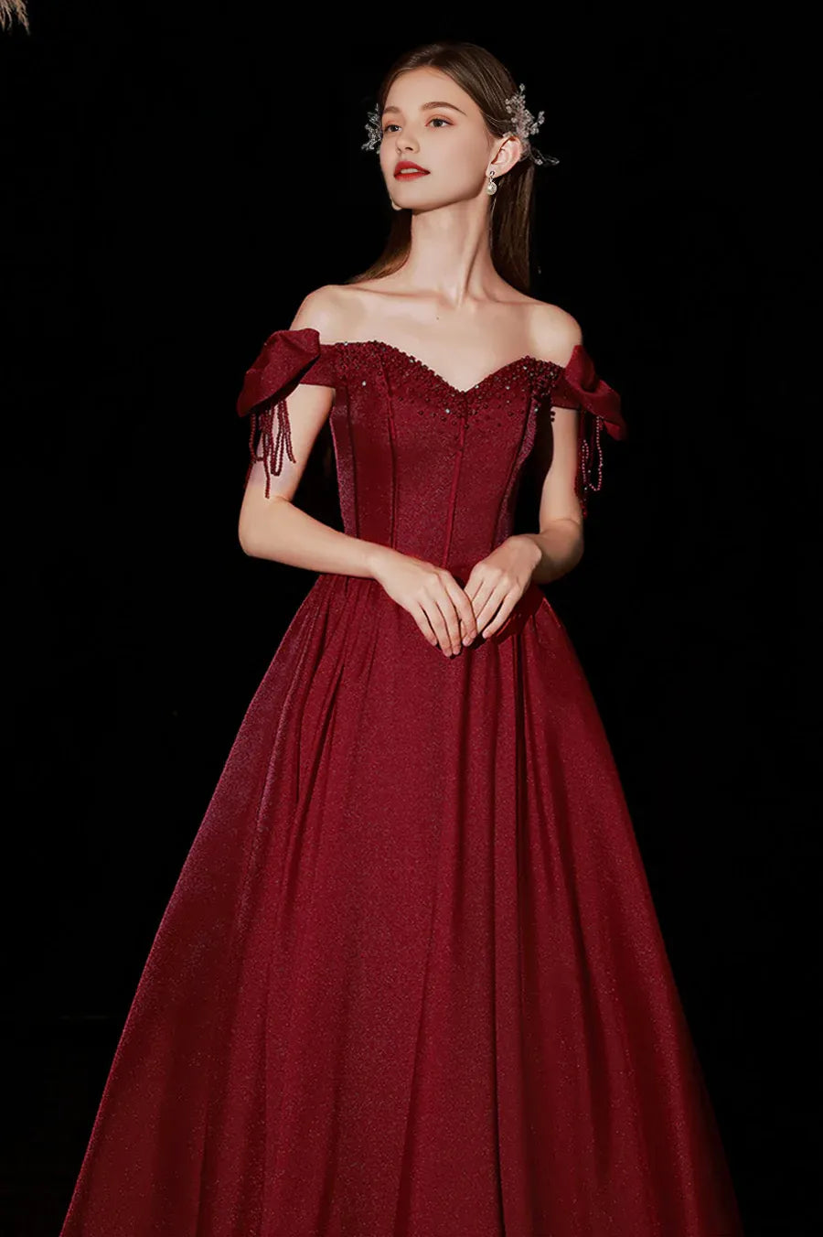 A-Line Sweetheart Off the Shoulder Beaded Satin Burgundy Long Prom Dresses