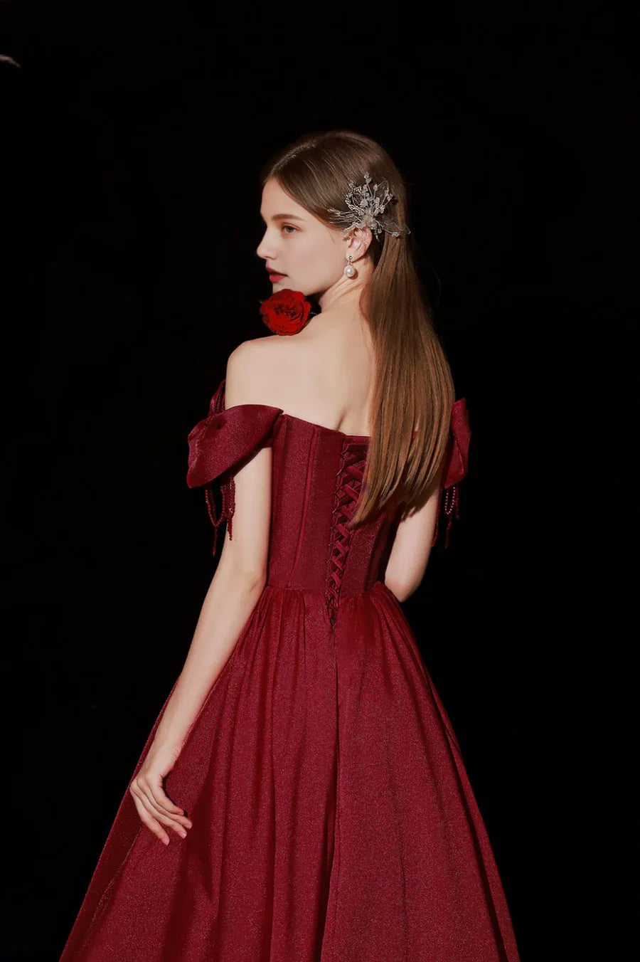 A-Line Sweetheart Off the Shoulder Beaded Satin Burgundy Long Prom Dresses
