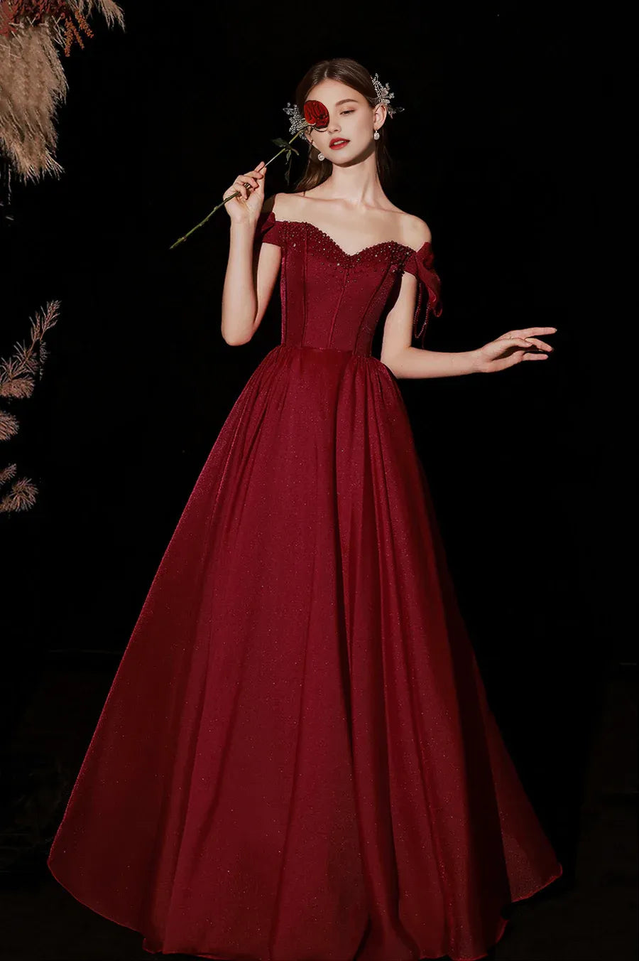 A-Line Sweetheart Off the Shoulder Beaded Satin Burgundy Long Prom Dresses